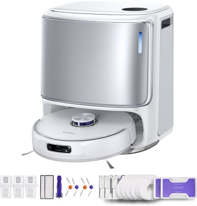 Narwal Freo Z10 Ultra + 1 x cycloonborstel zonder klitten, 6 x dweilpads, 4 x zijborstel, 2 x vloerreinigingsmiddel, 3 x stofzak voor basisstation, 2 x filter voor stofbak, 3 x vervangbare inzetbak, 4 x plintdoek