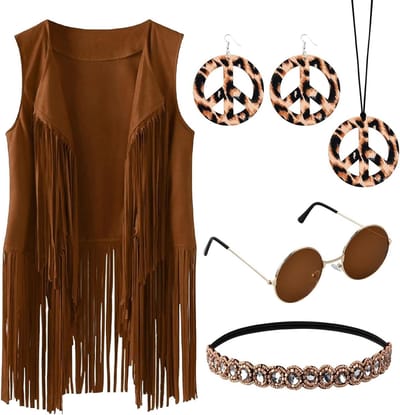 Hippie Kostuum voor Vrouwen met Franje Cardigan en Accessoires voor Carnaval en Feestjes in Jaren '70 Stijl