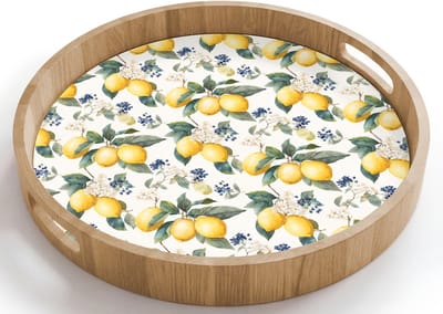 Dienblad rond 40x40 cm - Schootdienblad hout - Frans - Citroen - Citrus - Bloesem - Geel - Groen - Blauw - Borrelplank rechthoek - Plateau houten dienbladen