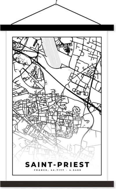 Posterhanger incl. Poster 40x60 cm - Schoolplaat - Plattegrond – Saint-Priest - Kaart – Frankrijk – Stadskaart - Zwart wit - Textielposter - Zwarte latten - Stadskaart