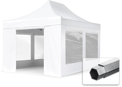 3x4,5 m Easy Up partytent Vouwpaviljoen PVC brandvertragend met zijwanden (2 panorama), PREMIUM staal 40mm, wit