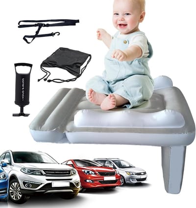 Opblaasbaar Reisbed - Luchtbed baby - Reizen met kinderen - Met veiligheidsgordel - 80 x 60 cm - Grijs