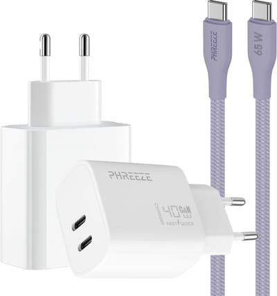 Phreeze usb C snellader 40 W - Met paarse usb C kabel - Power Delivery oplader met 2 usb C poorten - en Laptop