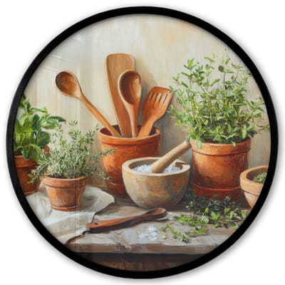 Poster in lijst Rond - Fotolijst 40x40 cm - Posters - Potten - Kruiden - Hout - Ronde posterlijst zwart - Decoratie - Wanddecoratie woonkamer - Muurdecoratie slaapkamer