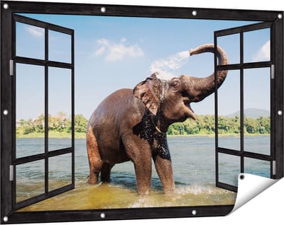 Gards Tuinposter Doorkijk Vrolijke Olifant in het Water - 120x80 cm - Tuindoek - Tuindecoratie - Wanddecoratie buiten - Tuinschilderij