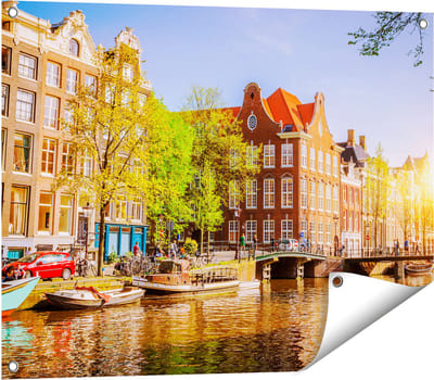 Gards Tuinposter Amsterdamse Gracht tijdens Zonsondergang - 80x60 cm - Tuindoek - Tuindecoratie - Wanddecoratie buiten - Tuinschilderij