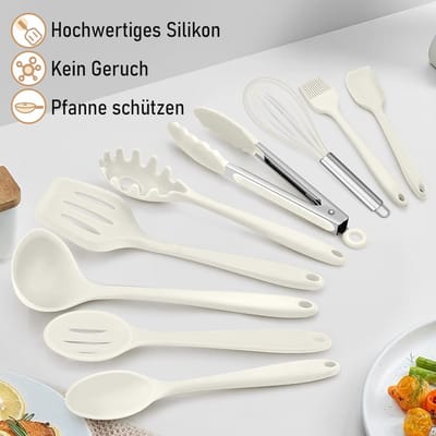Famanu - Keukenhulpset, 9 stuks siliconen keukengerei, hittebestendig kookgerei, kookgerei set met spatel, garde, grilltang, anti-aanbaklaag, kookbestek voor koken en bakken, wit