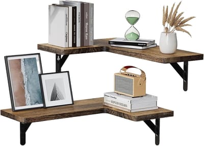 Set van 2 Zwevende Hoekplanken van Massief Hout, Donkerbruin, Ideaal voor Woonkamer, Keuken en Badkamer, 29x40x1,5 cm