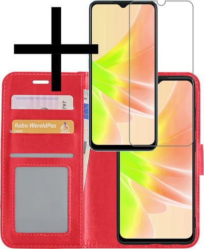 Hoesje - Met Screenprotector - Geschikt voor OPPO A17 - Luxe Pasjeshouder - Bookcase Portemonee - Flip Case - Kunstleer Book Case - Flipcase - Book Cover - Walletcase - Portemonneehoes - Rood