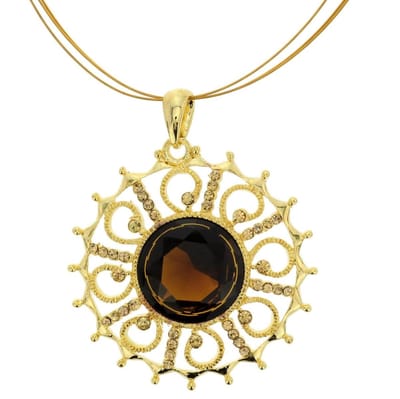 Behave - Goudkleurige Ketting - Ronde Hanger - Bruine Kralen - 64,5 cm