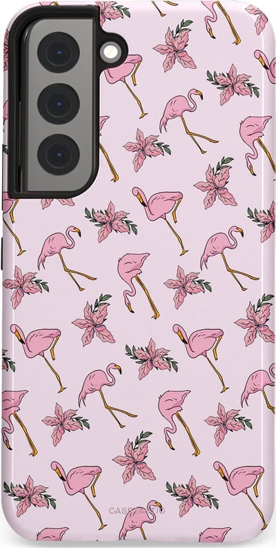 Casetastic hoesje geschikt voor Samsung Galaxy S22 - Dubbellaagse bescherming - Tropisch Roze Flamigo Bloemen Paradijs - Fashion Case - Lichtgrijs Wit Lichtroze