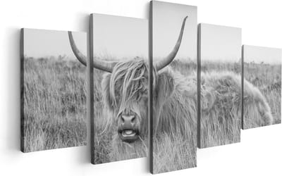 Artaza Canvas Schilderij Vijfluik Schotse Hooglander Koe - Zwart Wit - 100x50 - Foto Op Canvas - Canvas Print