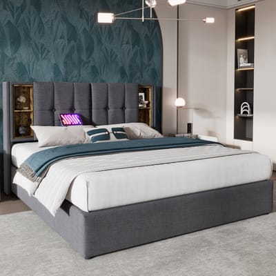 SINGULARITY-Tweepersoonsbed met draadloos opladen USB C- gestoffeerd bedframe 140x200cm- bedframe met opbergruimte lattenbodem grijs zonder matras