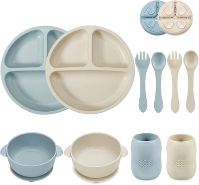 PolkaHome Baby Eet Set van Siliconen - 2 Borden met Zuignap, 2 Kommetjes, 2 Bekers, 2 Lepels en 2 Vorken - Blauw/Wit - BPA-vrij en Veilig voor Baby's
