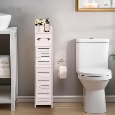 Verte Toiletkastje - Toiletrolhouder - Klein Badkamerkastje met Deurtjes en Planken - Slanke Opbergkast voor de Badkamer - Kleine Ruimtes - Hoekmodel - Wit