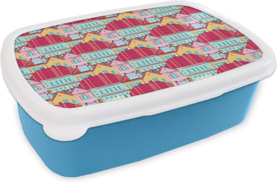 Broodtrommel Blauw - Lunchbox - Brooddoos - Huizen - Zentangle - Patronen - 18x12x6 cm - Kinderen - Jongen
