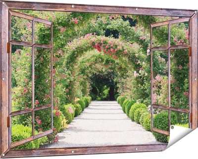 Gards Tuinposter Doorkijk Rozenbogen Tunnel - 150x100 cm - Tuindoek - Tuindecoratie - Wanddecoratie buiten - Tuinschilderij