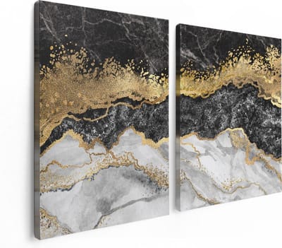 Artaza Canvas Schilderij Tweeluik Abstracte Kunst - Zwart met Witte Marmer - 120x80 cm - Wanddecoratie Woonkamer - Schilderijen - Muurdecoratie