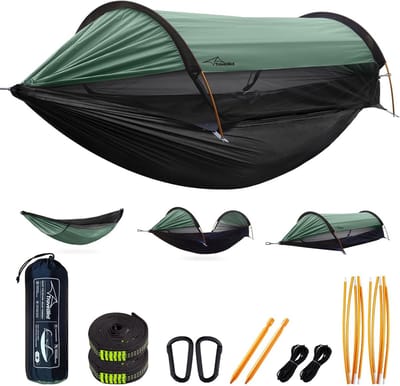 3-in-1 Hangmat met Klamboe en Zonnescherm - 2-Persoons, Lichtgewicht, met Bivvy Grondtent, Boomriemen - Voor Kamperen, Wandelen & Reizen