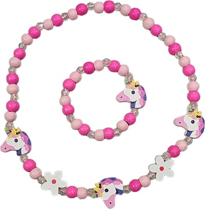 Fako Bijoux® - Kinderketting en Armband - Hout - Eenhoorn & Bloemetjes Roze