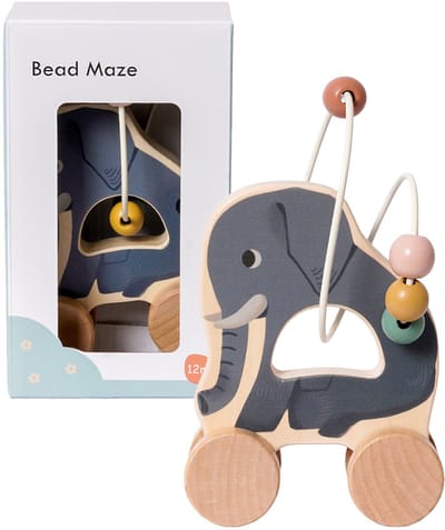 Speelgoedtopdeals - Houten Motoriekspiraal Olifant op Wielen - 19 cm - Educatief Speelgoed