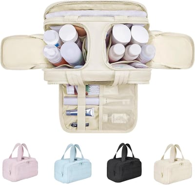 KZQ Toilettas, 4-in-1 reisorganizer, toilettas met slim ontworpen natte en droge compartimenten, grote waterdichte tas met handvat, cosmetische tas (beige)