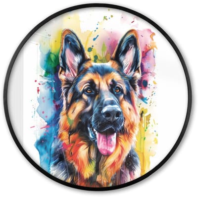 Poster in lijst Rond - Fotolijst 60x60 cm - Posters - Hond - Verf - Dieren - Kleurrijk - Duitse Herder - Ronde posterlijst zwart - Decoratie - Wanddecoratie woonkamer - Muurdecoratie slaapkamer