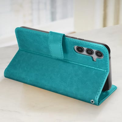 Mayaxess, Foliohoes Geschikt voor Samsung Galaxy A35 5G Bescherming met polsband Multifunctionele flap, Turquoise