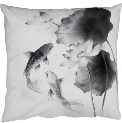 Sierkussens - Kussentjes Woonkamer - 50x50 cm - Lotusbloemen - Vissen - Bladeren - Zwart