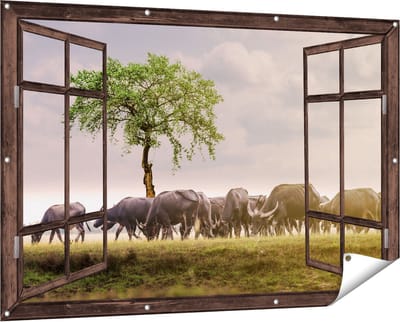 Gards Tuinposter Doorkijk Kudde Buffels bij een Boom - 150x100 cm - Tuindoek - Tuindecoratie - Wanddecoratie buiten - Tuinschilderij