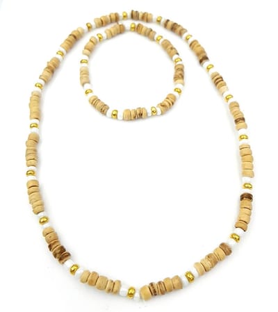 Kralenketting en kralenarmband bruin en goud kokos