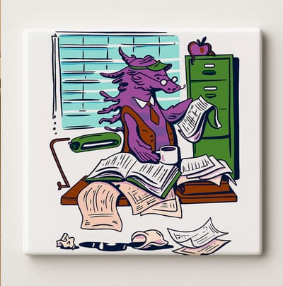 Grappige Draak Kantoorwerker Keramische Tegel – 15x15 cm Kleurrijke Bureautegel – Uniek Cadeau voor Collega’s & Kantoordecoratie