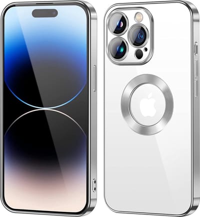Hoesje Geschikt voor iPhone 14 Pro Magsafe hoes backcover – Lens beschermer – Transparant / Zilver