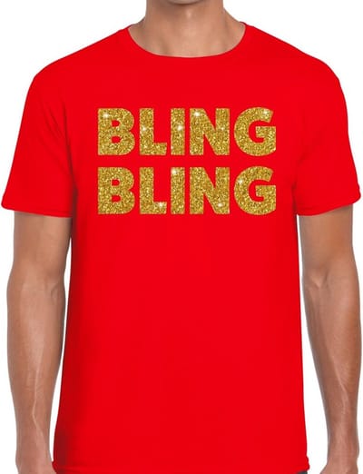 Bellatio Decorations Bling Bling T-shirt - rood - gouden glitter tekst - heren - Verkleed shirt - cadeau S
