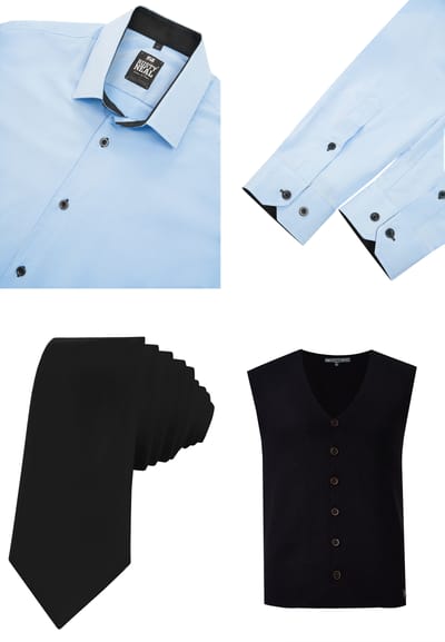 Driedelig pak met overhemd, vest en stropdas