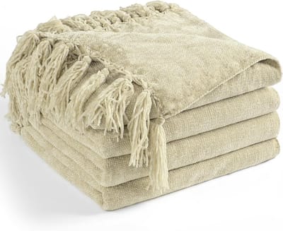 Chenille Blanket for Sofa 127 x 60 Inch Soft Cozy Throw Tassels for Bed Sofa Chair Cover, Lightweight Knitted Decorative Boho Blankets for Living Room, Light Beige