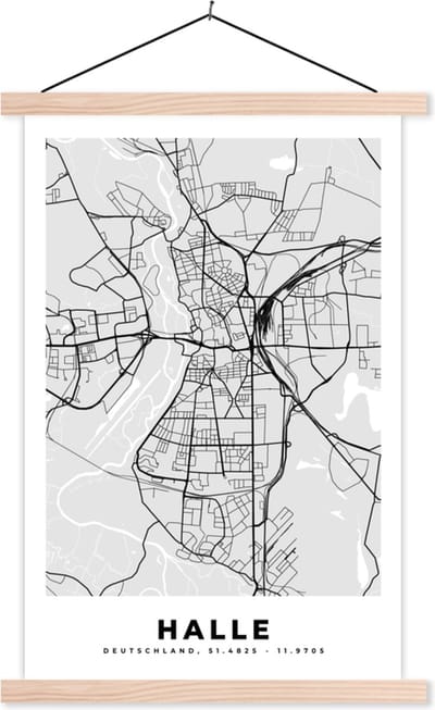 Posterhanger incl. Poster 40x60 cm - Schoolplaat - Plattegrond - Halle - Kaart - Stadskaart - Duitsland - Textielposter - Blanke latten - Stadskaart