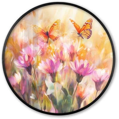 Poster in lijst Rond - Fotolijst 60x60 cm - Posters - Vlinders - Oranje - Bloemen - Ronde posterlijst zwart - Decoratie - Wanddecoratie woonkamer - Muurdecoratie slaapkamer