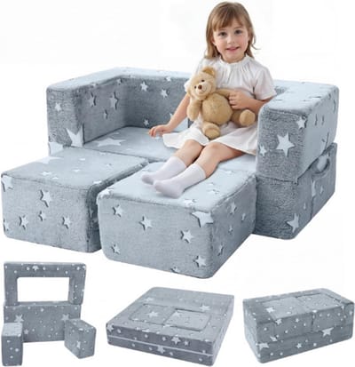 Kindersofabed, Modulaire Peuterbank, Oplichtende Sterren Kinderstoel Lounger Opklapbaar, Baby Mini Bank Slaapkamermeubilair voor Speelkamer, Grijze Ster