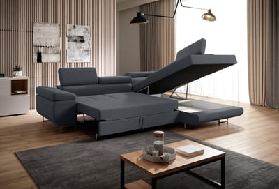 Hoekbank Sella rechts - hoeksalon met bed en opbergruimte - Hoekzetel met slaapfunctie en storage - Donkergrijs structuurstof