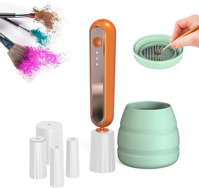 Make-up borstel reiniger - Reinigings- en droogmachine voor make-upborstels - draagbaar en efficiënt - met drie instelbare reinigings- en droogfuncties - Voorzien van 5 flexibele adapters - Hoogwaardige ABS- en siliconenmaterialen - oranje kleur
