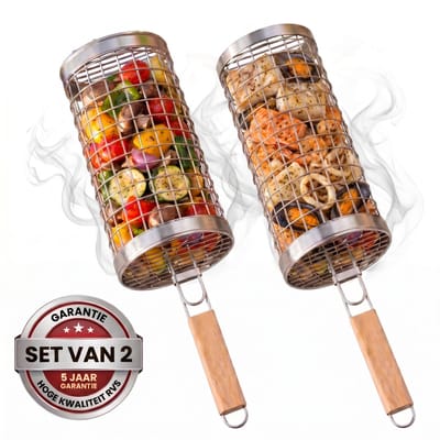 Oneproduct BBQ Grillmand Set van 2 - RVS Grillmand met Houten Handvat - BBQ Accessoire - 5 Jaar Garantie