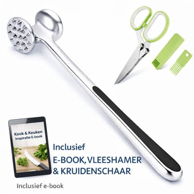 BooGoo® Vleeshamer RVS – Verzwaarde RVS Kop – Dubbelzijdige Vleesvermalser – Inclusief Kruidenschaar – Vleesklopper voor BBQ & Keuken