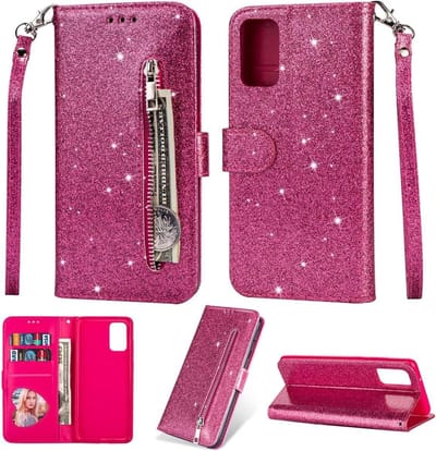 Bookcase Geschikt voor: Samsung Galaxy M21 Glitter met rits - hoesje - portemonnee hoesje - Roze