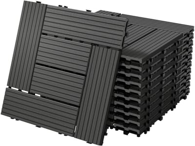 WPC-terrastegels 30x30 cm, set van 11 stuks voor 1 m², lichtbruin in houtlook, mozaïekpatroon, met drainage en kliksysteem
