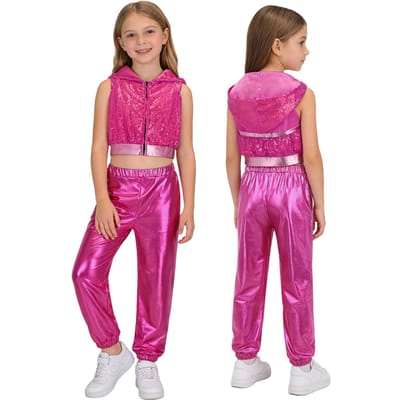 Kinderen Meisjes Hip-Hop Jazz Dans Modern Straat Kostuum Outfits Mouwloos Glanzende Pailletten Met Capuchon Crop Top met Metalen Broek 6 pink