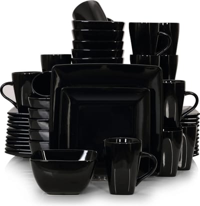 Vancasso Serviesset Zwart 48 stuks - Chique Serviesset - Tafelgerei set - Vierkante Serviesset Zwart - Keramisch Porselein - Elegante serviesset met kom - Zwart
