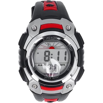 Montre numérique étanche 50m pour hommes et femmes, lumière de nuit LED, chronomètre, calendrier, alarme, format 12/24H, bracelet en caoutchouc rouge