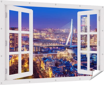 Gards Tuinposter Doorkijk Rotterdamse Skyline met de Erasmusbrug - 180x120 cm - Tuindoek - Tuindecoratie - Wanddecoratie buiten - Tuinschilderij