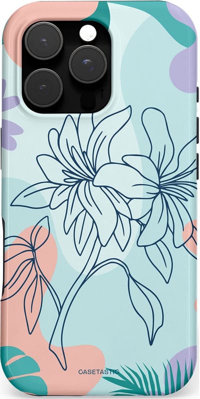Casetastic hoesje geschikt voor Apple iPhone 16 Pro - MagSafe - Dubbellaagse bescherming - Mint Bloemprint - Fashion Case - Lichtgrijs Turquoise Perzik Lila